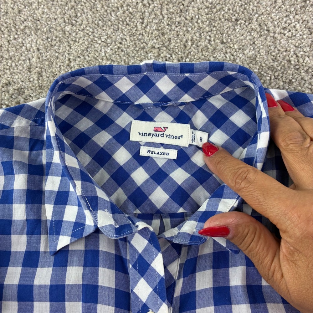 Vineyard Vines Size 6 Blue White Gingham Button Front Shirt Relaxed Fit Preppy - Picture 2 of 8